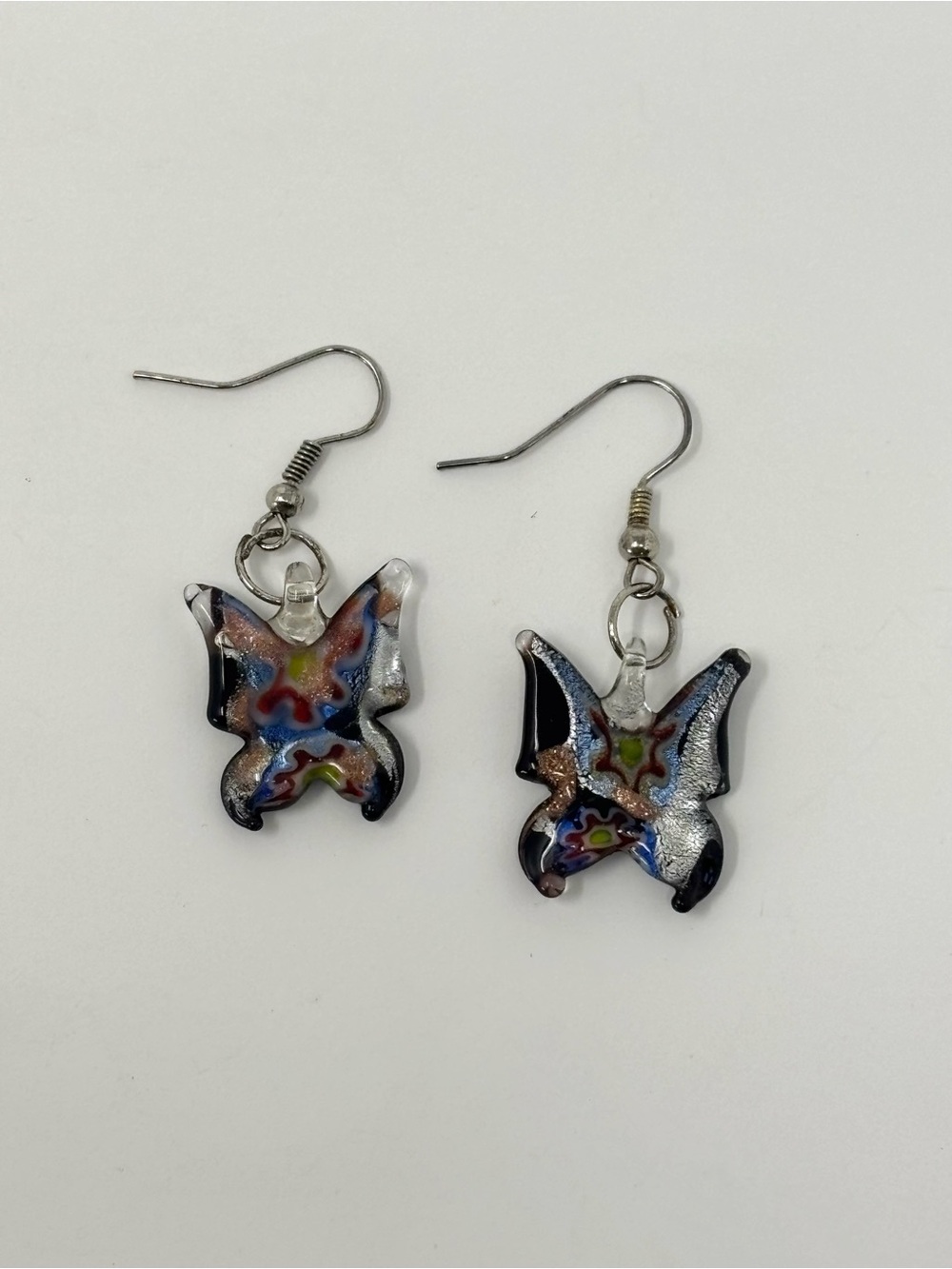 Handmade Dichroic Art Glass Butterfly Dangle Earrings - Multicolor